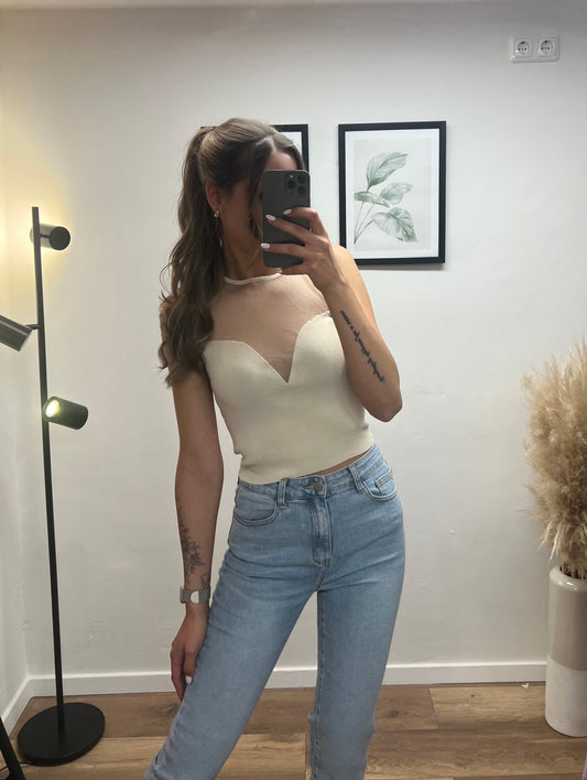 Top mit tiefem V Ausschnitt Beige